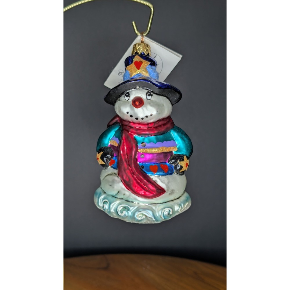Christopher Radko Warm And Wooly Snowman Glass Christmas Ornament Tag 5.5"